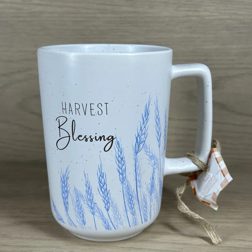New Harvest Blessing Coffee Mug Blue Wheat Stalks Market Finds Stoneware